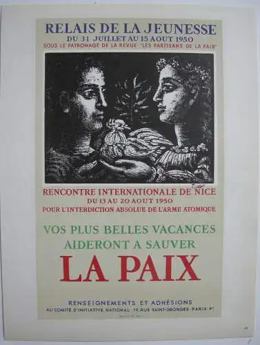 Pablo Picasso La Paix 1950 Orig Lithografie Maitres de l'Ecole 1959