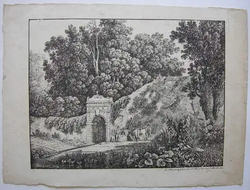 Samuel Birmann (1793-1847) Landschaft Pferdetränke Inkunabel Lithografie 1819