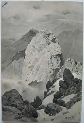 Ernst Heinr Platz (1867-1940) Hochgebirgslandschaft Alpen Tuschzeichg 1894 sign