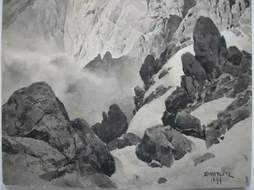 Ernst Heinr Platz (1867-1940) Hochgebirgslandschaft Alpen Tuschzeichg 1894 sign