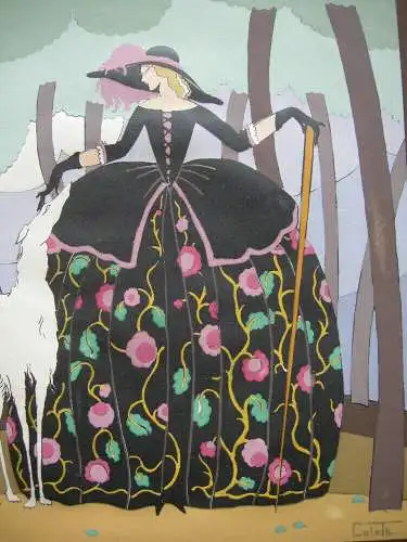 ART DECO Dame in herbstlichem Kleid Windhund Orig Pochoir 1925 Coleth