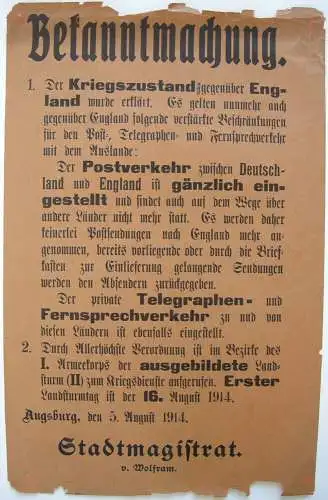 Augsburg Bekanntmachung Kriegszustand England 1. Weltkrieg 1914