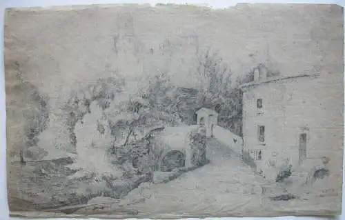 H.-J.-St Ange Chasselat (1813-1880) Bachlandschaft Mühle Bleistiftzeichnung 1860