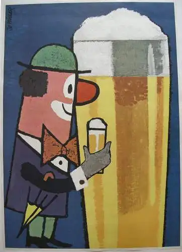 Werbeplakat Bier Clown umd Bierglas Reklame um 1960 Entwurf Jo Müller 