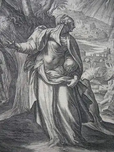 Raphael I Sadeler (1560-1632) Zerstörung Sodom Lot's Frau Kupferstich 1583