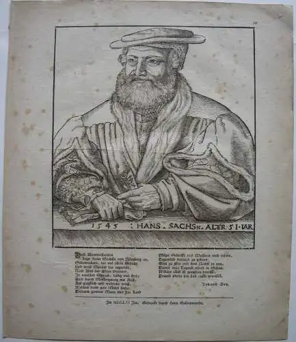 Hans Brosamer (c. 1500-1552)  Portrait Hans Sachs Holzschnitt 1800 Nürnberg