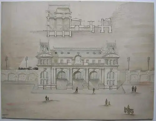 Entwurf Bahnhof Frankreich Fassade Querschnitt Aquarell 1880 France