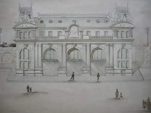 Entwurf Bahnhof Frankreich Fassade Querschnitt Aquarell 1880 France