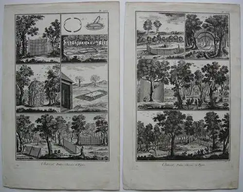 Niederjagd Fallen 9 Kupferstiche auf 2 Blatt Encyclopedie d'Alembert 1770