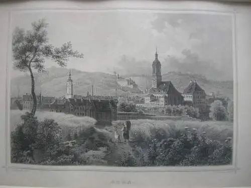 Gera Gesamtansicht Thüringen Orig. Stahlstich gerahmt Umbach Rohbock 1850