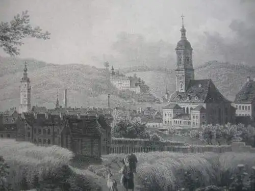 Gera Gesamtansicht Thüringen Orig. Stahlstich gerahmt Umbach Rohbock 1850