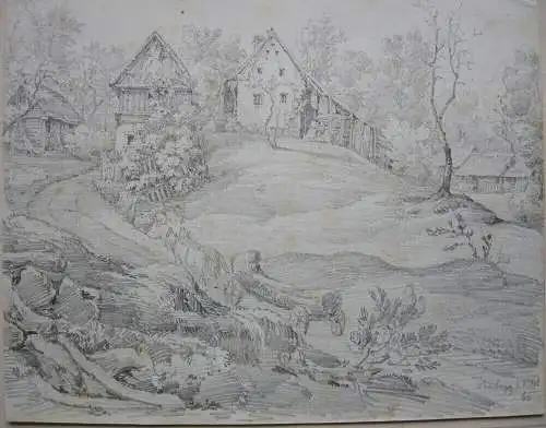 Laubegg Bodmann-Ludwigshafen Konstanz Bleistiftzeichnung 1862 Gehöft