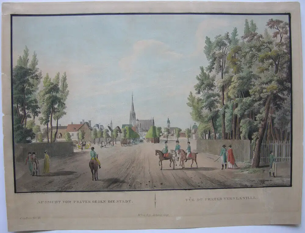 Wien Aussicht vom Prater altkolorierte Umrissradierung 1840 Österreich Ziegler 0
