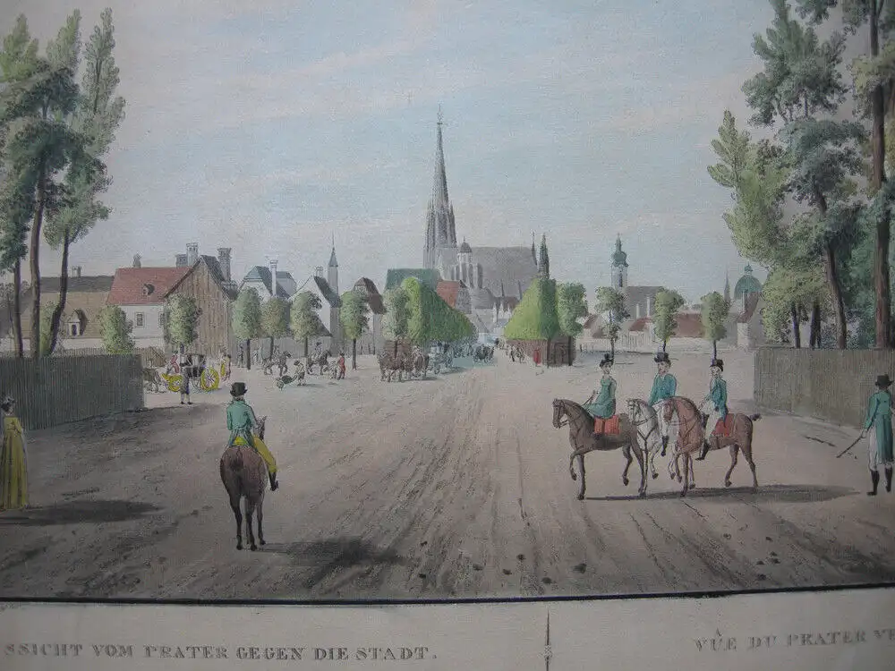 Wien Aussicht vom Prater altkolorierte Umrissradierung 1840 Österreich Ziegler 1