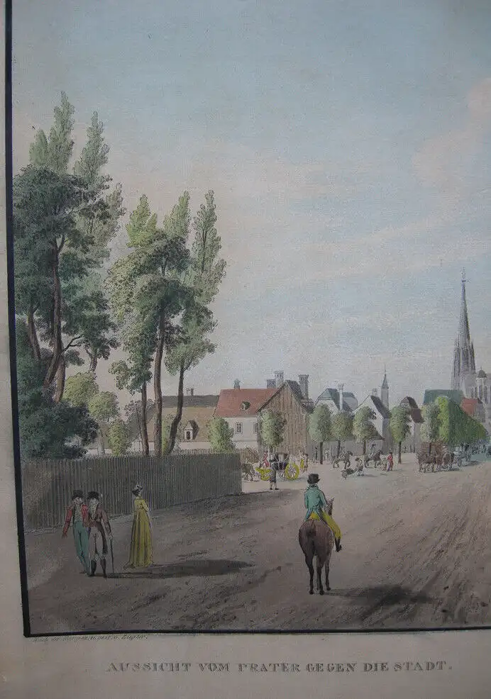 Wien Aussicht vom Prater altkolorierte Umrissradierung 1840 Österreich Ziegler 3