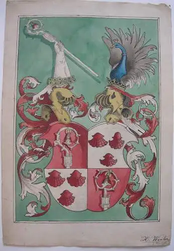 Bischöfliches Adelswappen Aquarellierte Tuschszeichnung signiert 1900 Heraldik