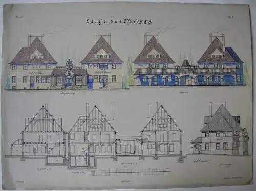 Entwurf Kleinbahnhof Johannes Reichenbach 1919 Aquarell Akademie-Zeichnung