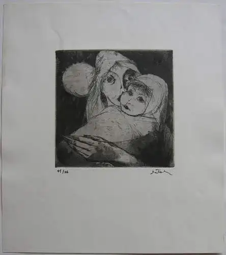 Mutter und Kind Orig. Radierung 1961 unleserlich signiert 