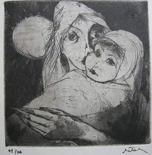 Mutter und Kind Orig. Radierung 1961 unleserlich signiert 