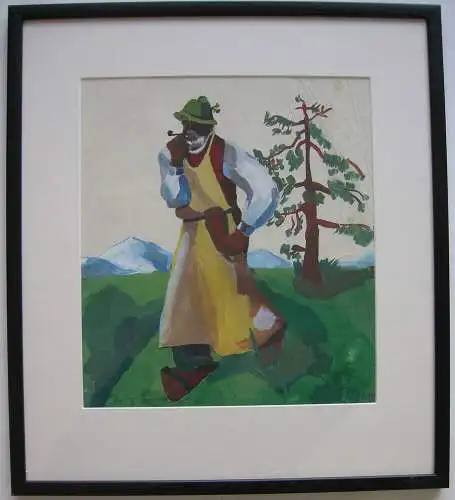 Irma Hünerfauth (1907-1998) Der Almbauer Orig Gouache 1928 signiert gerahmt