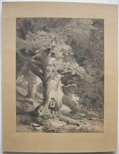 Mächtige Eiche mit Familie nach Alexandre Calame (1810-1864) Tuschzeichng 1851