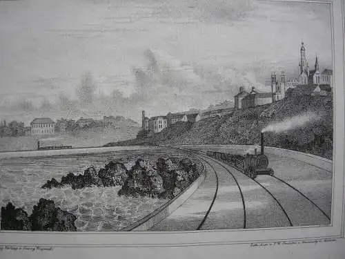 Eisenbahn Züge in Stadtlandschaft 3 Orig. Lithografien 1850 London Dublin