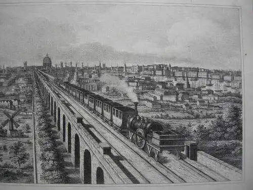 Eisenbahn Züge in Stadtlandschaft 3 Orig. Lithografien 1850 London Dublin