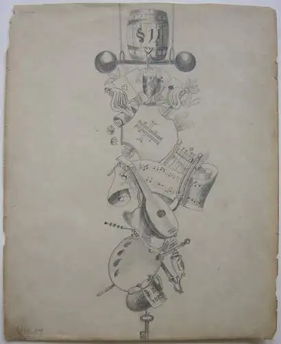 Festsymbolik Sport Spiel Musik Genuß Orig Bleistiftzeichnung sign Schmitt 1889