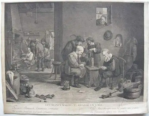 Flämische Freimaurer in Loge Orig Radierung Fr B Lepicié nach David Teniers 1747