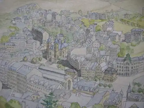 Karlsbad Panorama-Ansicht Aquarell über Bleistift um 1900 Tschechien Böhmen