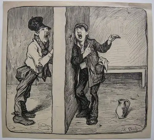 Theodor Grätz (1859-1947) Zellennachbarn Orig Tuschzeichnung 1900 signiert