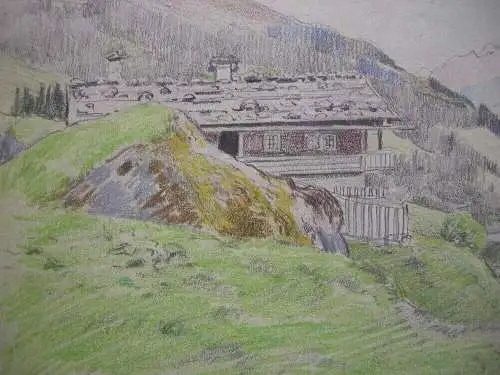 Bergbauerngehöft Lanersbach Tuxer Tal Schwaz Tirol Orig Farbkreidezeichnung 1921