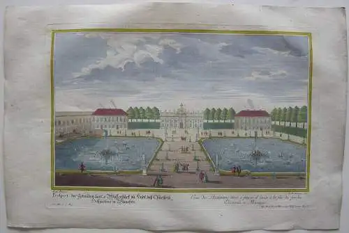 Schloss Nymphenburg Garten kolor Orig. Kupferstich Corvinus nach Diesel 1720 