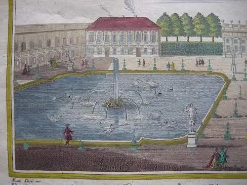 Schloss Nymphenburg Garten kolor Orig. Kupferstich Corvinus nach Diesel 1720