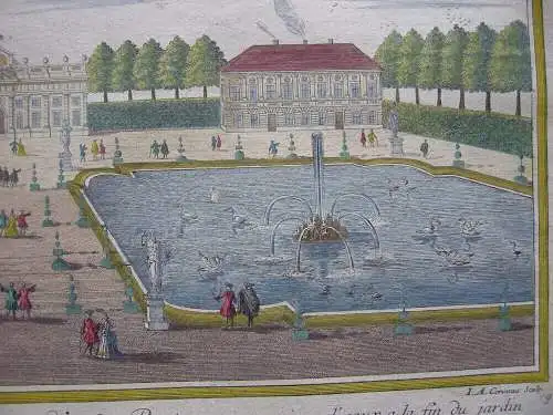 Schloss Nymphenburg Garten kolor Orig. Kupferstich Corvinus nach Diesel 1720