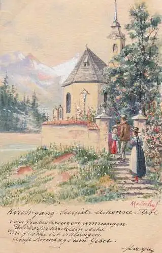 Ak Kirchgang Seespitz Achensee Orig Aquarell Max von Seehof 1898 Österreich