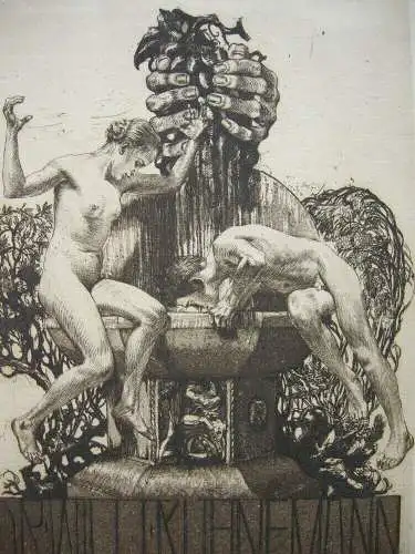 Alois Kolb (1875-1942) Exlibris männl. weibl. Akt am Brunnen Radierung 1910