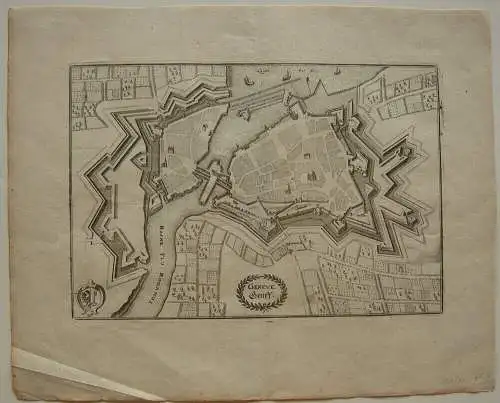 Genf Geneve Vogelschau-Plan Befestigung Orig Kupferstich Merian 1654 Suisse 