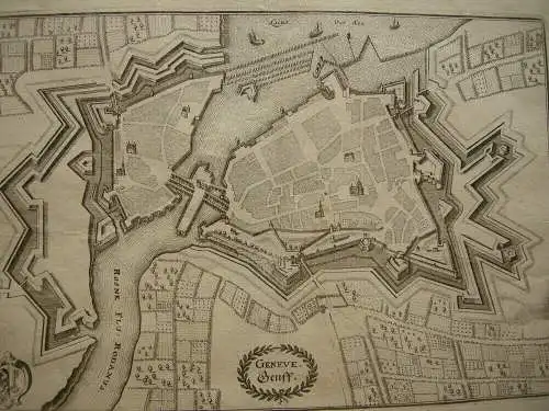 Genf Geneve Vogelschau-Plan Befestigung Orig Kupferstich Merian 1654 Suisse 