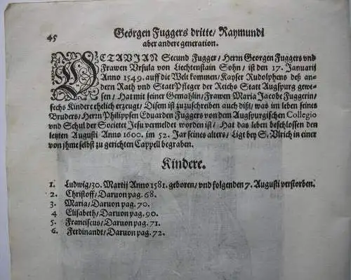 Octavian II Fugger (1549-1600) Kaufmann Fugger Dynastie Orig Kupferstich 1620