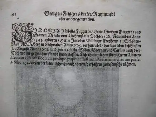 Sidonia Isabella Fugger (1543-1601) Ehefrau Georg Fugger Orig Kupferstich 1620