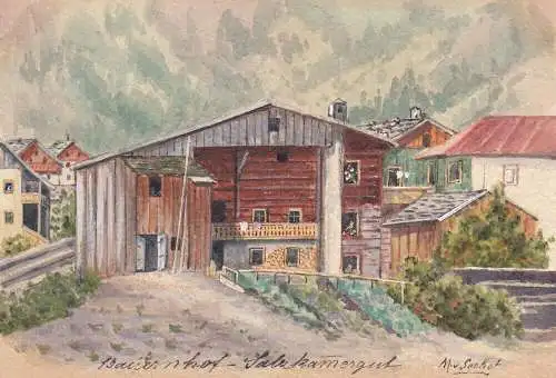 Ak Bauernhof im Salzkammergut Orig Aquarell Max von Seehof 1898 Österreich