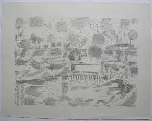 Fritz Kronenberg (1901-1960) Flusslandschaft Wehr Orig Lithografie signiert 1950