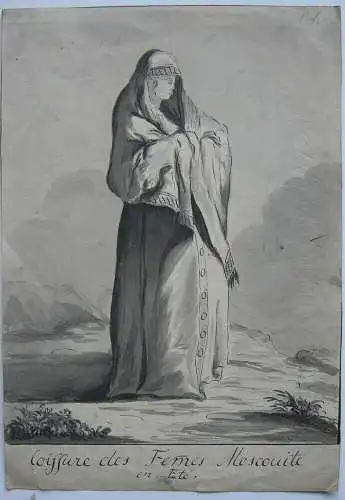 Coiffure des Femmes Moscouite en Eté Lavierte Tuschzeichnung 1800 Russland