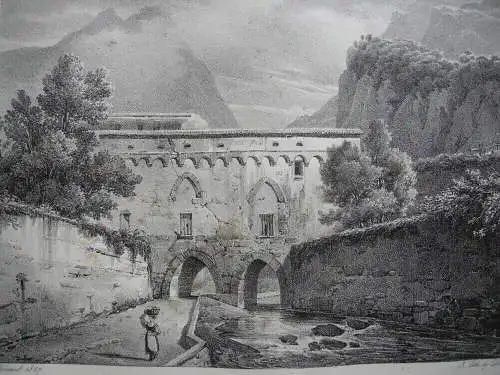 Straße von Amalfi nach Cava Napoli Italia Orig. Lithografie 1827 Italien