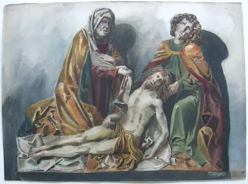 Fritz Linzer (XIX/XX) Kreuzabnahme Christi Orig. Aquarell signiert 1904 