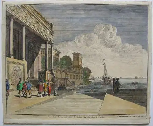 Neapel Napoli Königspalast vom Meer aus kolor Orig Kupferstich 1720 Mortier