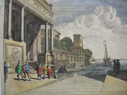 Neapel Napoli Königspalast vom Meer aus kolor Orig Kupferstich 1720 Mortier