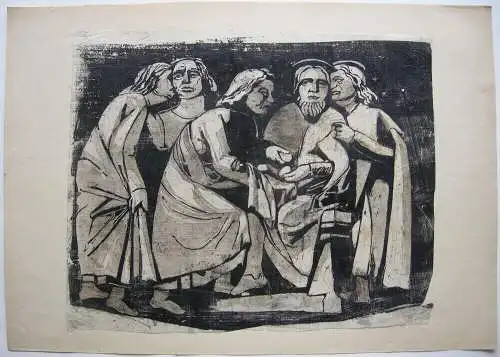 Judas nimmt die 30 Silberlinge anonymer Farbholzschnitt 1950 