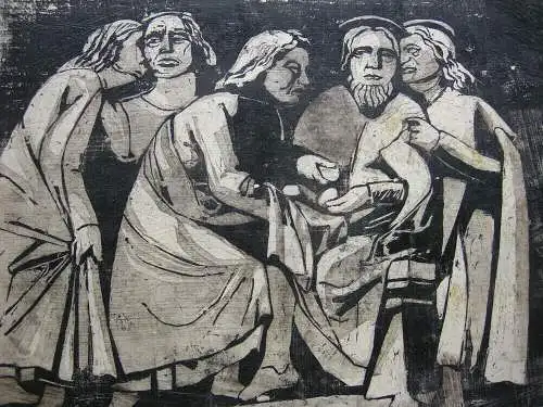 Judas nimmt die 30 Silberlinge anonymer Farbholzschnitt 1950 
